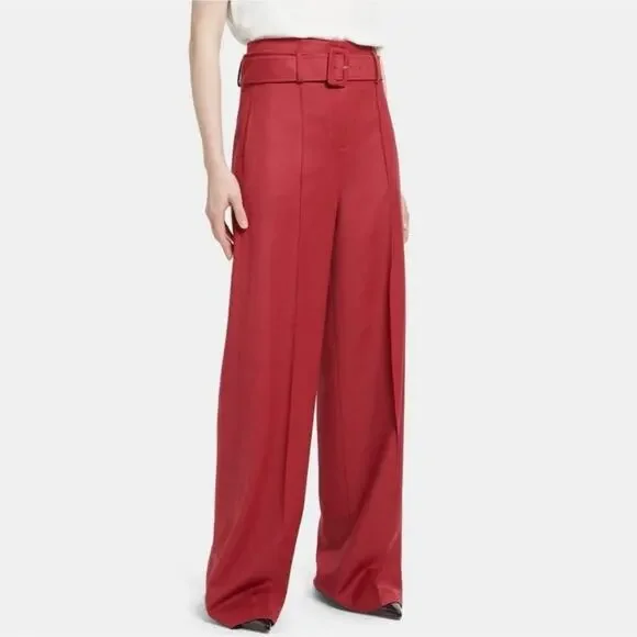 NWT Theory Red Pink Ruby Melange Sleek Flannel Wide Leg Belted Pants Size 0